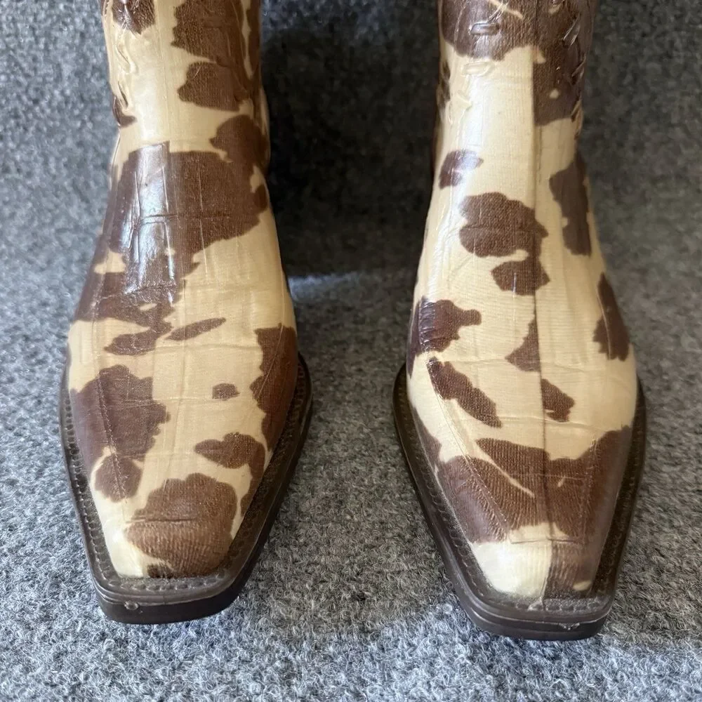 Donald J Pliner Western Equestrian Rain Boots Cow Print Brown Beige 8 Rubber